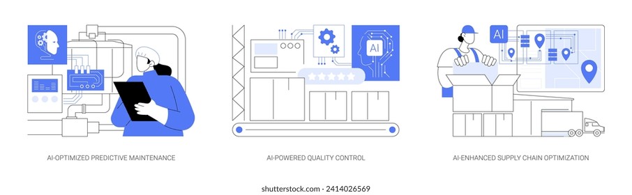 AI in Manufacturing abstract concept vector illustration set. AI-Optimized Predictive Maintenance, AI-Powered Quality Control, Supply Chain Optimization, demand forecasting abstract metaphor.