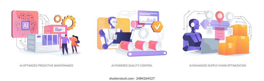 AI in Manufacturing abstract concept vector illustration set. AI-Optimized Predictive Maintenance, AI-Powered Quality Control, Supply Chain Optimization, demand forecasting abstract metaphor.