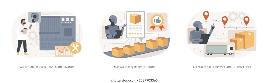 AI in Manufacturing abstract concept vector illustration set. AI-Optimized Predictive Maintenance, AI-Powered Quality Control, Supply Chain Optimization, demand forecasting abstract metaphor.