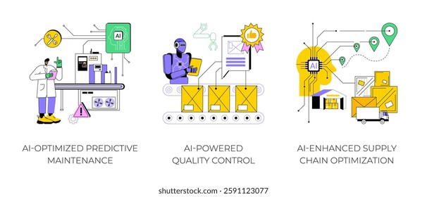 AI in Manufacturing abstract concept vector illustration set. AI-Optimized Predictive Maintenance, AI-Powered Quality Control, Supply Chain Optimization, demand forecasting abstract metaphor.