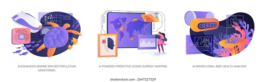 AI for Marine Ecosystem Research abstract concept vector illustration set. AI tracks marine life, maps currents, and assesses reef health to support ocean science and ecology. abstract metaphor.
