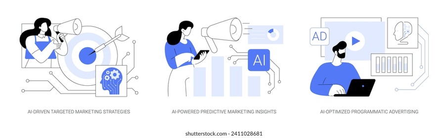 AI im Marketing abstraktes Konzept Vektorgrafik Set. AI-gestützte zielgerichtete Marketingstrategien, AI-gestützte Prognoseinschränkungen für das Marketing, AI-optimierte Programmatische Werbung, abstrakte Metapher für abstrakte Werbung.