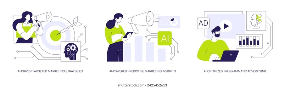 AI en el conjunto de ilustración vectorial de concepto abstracto de marketing. Estrategias de marketing dirigidas impulsadas por la IA, conocimientos de marketing predictivo impulsado por la IA, metáfora abstracta de publicidad programática optimizada por la IA.