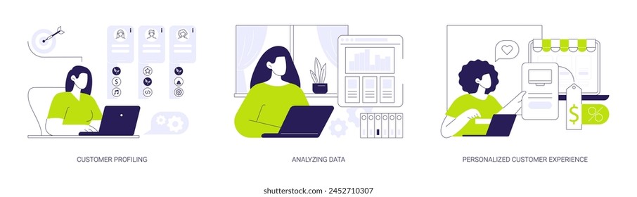 AI in marketing abstract concept vector illustration set. Customer profiling, analyzing big data in CRM system, personalized customer experience, collecting clients data abstract metaphor.