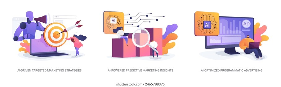 AI in Marketing abstract concept vector illustration set. AI-Driven Targeted Marketing Strategies, AI-Powered Predictive Marketing Insights, AI-Optimized Programmatic Advertising abstract metaphor.