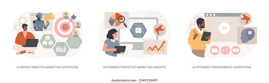 AI in Marketing abstract concept vector illustration set. AI-Driven Targeted Marketing Strategies, AI-Powered Predictive Marketing Insights, AI-Optimized Programmatic Advertising abstract metaphor.