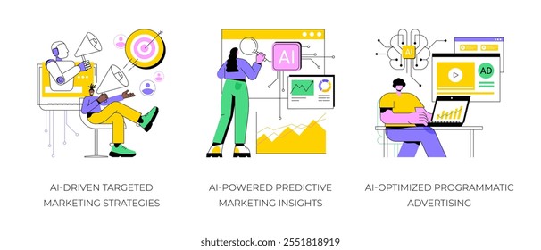 AI em Marketing conceito abstrato vetor ilustração conjunto. Estratégias de marketing direcionadas à IA, Ideias de marketing preditivas baseadas em IA, metáfora abstrata de propaganda programática otimizada para IA.