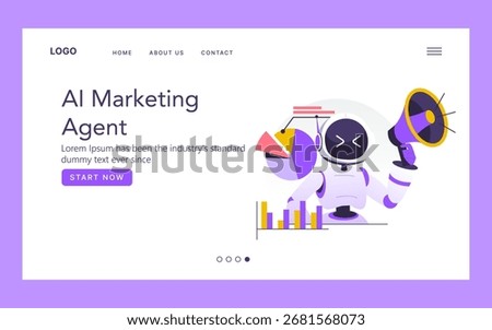 AI marketing agent vector illustration featuring a robot holding a megaphone among colorful charts and graphs, symbolizing innovative digital marketing strategies.
