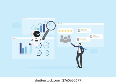 AI marketing analytics concept with smart robot analyzing business data dashboards, customer insights and performance metrics. Represents automation, data-driven strategy, and digital growth.