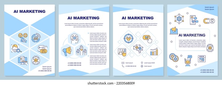 AI Marketing Blue Brochure Template. Business Technology. Leaflet Design With Linear Icons. Editable 4 Vector Layouts For Presentation, Annual Reports. Arial-Black, Myriad Pro-Regular Fonts Used