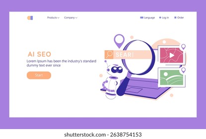 AI in marketing concept. An illustration showcasing a robot using AI technology to enhance search engine optimization.