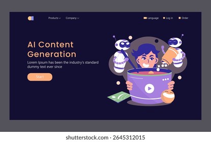 AI in marketing concept. Person concocts content with help from robots, illustrating synergy between human creativity and AI.