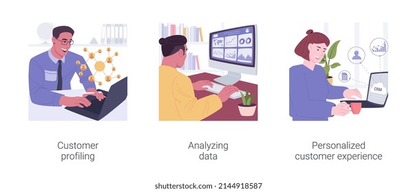 AI in marketing isolated cartoon vector illustrations set. Customer profiling, analyzing big data in CRM system, personalized customer experience, collecting clients data vector cartoon.