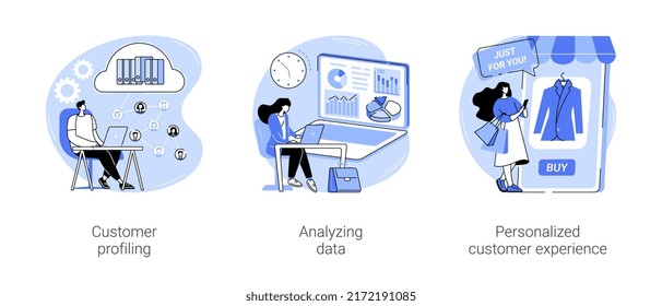 AI In Marketing Isolated Cartoon Vector Illustrations Set. Customer Profiling, Analyzing Big Data In CRM System, Personalized Customer Experience, Collecting Clients Data Vector Cartoon.