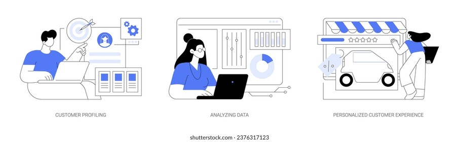 La IA en la comercialización de ilustraciones vectoriales de dibujos animados aislados. Perfil del cliente, análisis de grandes datos en el sistema CRM, experiencia personalizada del cliente, recopilación de caricaturas de vectores de datos de clientes.