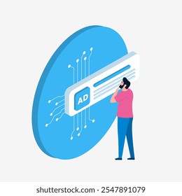 AI en concepto de marketing y publicidad PPC. Hombre que interactúa con los anuncios digitales de la PC. Segmentación contextual, inteligencia artificial, participación de la audiencia, promoción de la marca y publicidad visual basada en datos