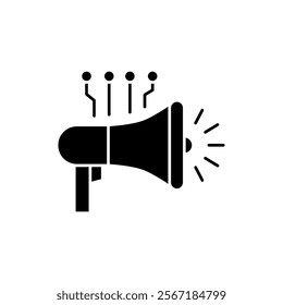 AI in marketing solid icon design. Implementation AI in marketing. Megaphone with circuit design