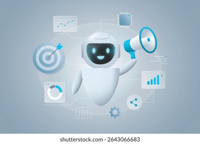 Estratégia de marketing de IA e automação de mídia social. Ferramenta de inteligência artificial para criação de conteúdo de marketing digital, SEO, estatísticas. AI Helping Marketing Team Concept Vetor.