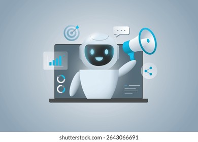 Estratégia de marketing de IA e automação de mídia social. Ferramenta de inteligência artificial para criação de conteúdo de marketing digital, SEO, estatísticas. AI Helping Marketing Team Concept Vetor.