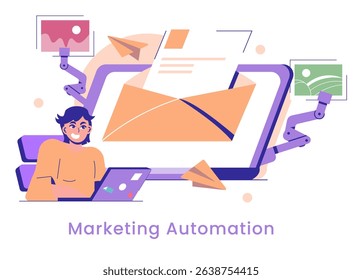 AI in marketing streamlines processes through automation, enhances efficiency, and improves targeting. The illustration showcases tools for content creation and email marketing. Vector illustration.