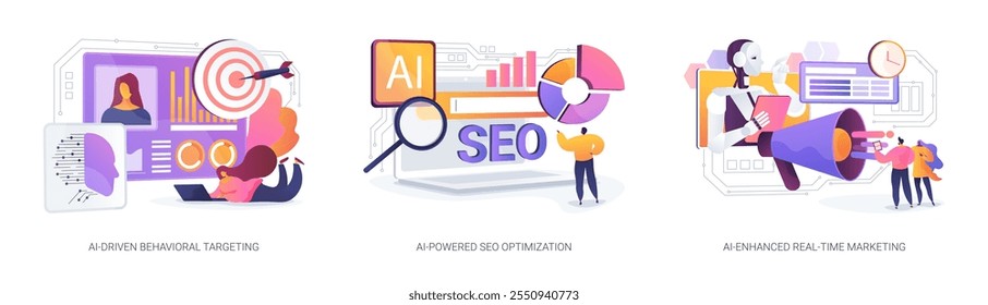 AI para equipes de marketing conceito abstrato vetor ilustração conjunto. Direcionamento Comportamental de usuário orientado por IA, Otimização de SEO com base em IA, Marketing em Tempo Real Aprimorado por IA e metáfora abstrata de análise.