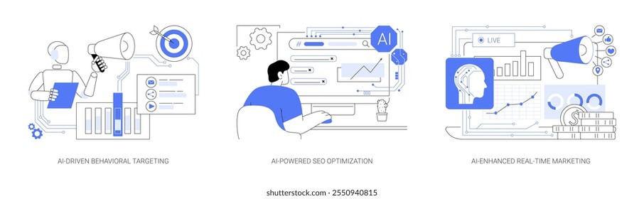 AI for marketing teams abstract concept vector illustration set. AI-Driven user Behavioral Targeting, AI-Powered SEO Optimization, AI-Enhanced Real-Time Marketing and analytics abstract metaphor.