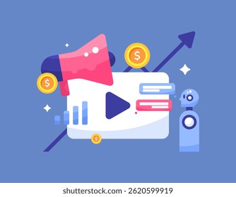 Ilustração do conceito da tecnologia de IA e marketing. usando inteligência artificial para gerenciar anúncios. desenvolvendo estratégias de marketing usando assistência do robô. design de estilo plano. elementos