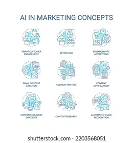 AI in marketing turquoise concept icons set. Digital technology for business idea thin line color illustrations. Isolated symbols. Editable stroke. Roboto-Medium, Myriad Pro-Bold fonts used