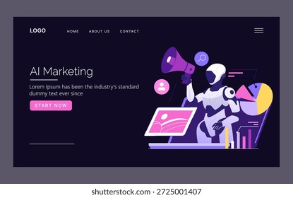 Ilustração de vetor de marketing de IA com um robô segurando um megafone ao lado de uma tela de laptop mostrando vários gráficos de dados. O design futurista destaca as tendências de marketing digital.