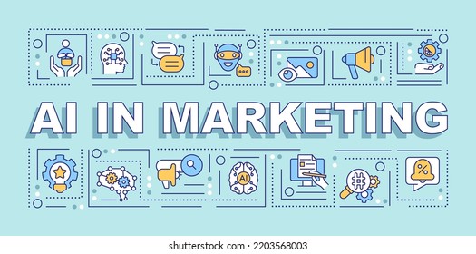 AI in marketing word concepts pastel mint banner. Technology. Infographics with editable icons on color background. Isolated typography. Vector illustration with text. Arial-Black font used