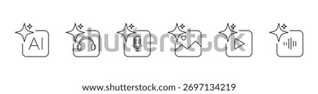 AI media generation icon set. Minimalist outline vector set. Vector illustration