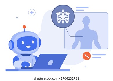 AI medical chatbot is working on a laptop, analyzing medical images like X-rays of a human skeleton. Radiology automation illustration concept.