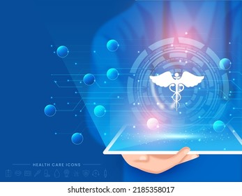 AI Medical Concept With Virtual Caduceus Symbol Presented by Medical Representative, Futuristic Medical Concept with Health Icons.