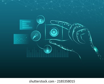 AI Medical Concept With Virtual Medical Reprentative Hand and Icons, Futuristic Medical Concept, Blockchain Background.