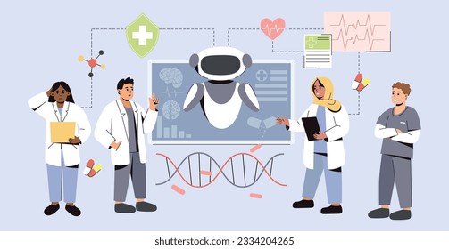 AI in medicine. Artificial Intelligence help in medical diagnosis and treatment of patients. Futuristic tech in medicine. Flat doctors using innovative technologies for research and disease analysis.