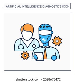 AI in medicine color icon. Robot and doctor improve medical sphere. Modern technologies help people. AI diagnostic concept. Isolated vector illustration
