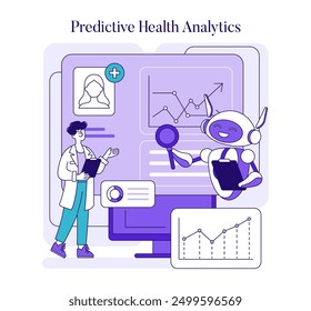 AI in Medicine concept. Doctor and robot analyze patient data for predictive health analytics. Innovative healthcare technology integration. Vector illustration.