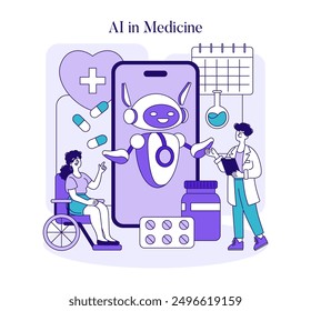 AI in Medicine concept. Healthcare professional interacts with a robotic assistant. Patient engagement, futuristic technology in treatment. Vector illustration.