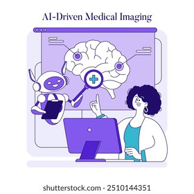 AI in Medicine concept. A robot assists with brain imaging analysis while a healthcare professional observes. Innovation in medical diagnostics. Vector illustration.