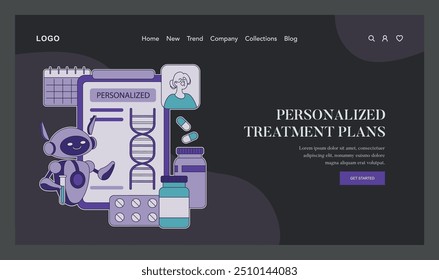 AI in Medicine concept. A robot creating customized healthcare plans with digital DNA and pills imagery. Personalized treatments and AI integration. Vector illustration.