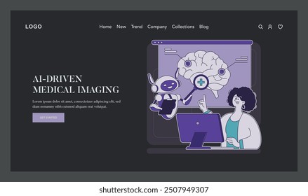 AI in Medicine concept. Vector illustration of a doctor and robot analyzing a brain scan. Healthcare innovation and technology advancement. Vector illustration.
