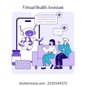 Concepto de IA en Medicina. Un asistente de salud virtual interactúa con los pacientes a través de un teléfono inteligente, simbolizando la innovación en telemedicina. Ilustración vectorial.