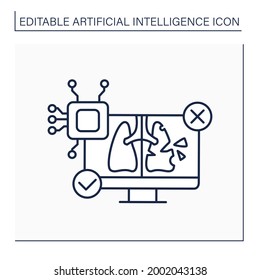 AI in medicine line icon. Digital technologies. Autonomous lungs diagnosis. Computer screen. AI diagnostic concept. Isolated vector illustration. Editable stroke 