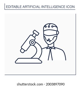 AI in medicine line icon. Digital technologies in medical sphere. Modern microscope and robot. AI diagnostic concept. Isolated vector illustration. Editable stroke