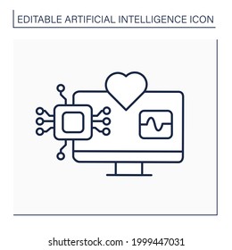 AI in medicine line icon. Modern technologies. Autonomous heartbeat diagnosis. Computer screen. AI diagnostic concept. Isolated vector illustration. Editable stroke