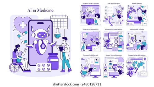 In: AI in Medicine Set. Fortschritte im Gesundheitswesen mit Anwendungen für künstliche Intelligenz. Vektorillustration für Patientenversorgung, Diagnostik und Behandlungsoptimierung.