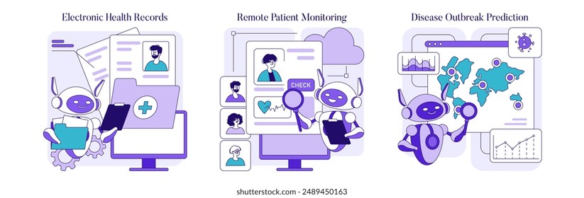 AI in Medicine set. Digitized healthcare with robots managing patient data, monitoring health, and predicting epidemics. Seamless integrated medical technology. Vector illustration.