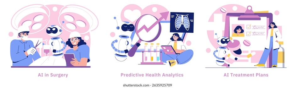 AI in Medicine set. Integration of artificial intelligence in healthcare processes. Innovations in surgery, predictive analytics, and personalized treatment plans enhance patient care and outcomes