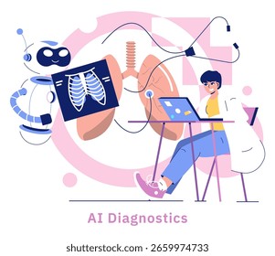 La IA en la medicina transforma los diagnósticos con tecnologías innovadoras. Un asistente robótico interactúa con un profesional médico analizando los datos de los pacientes, mostrando el futuro de la atención médica y la tecnología