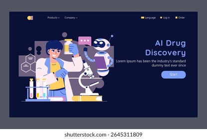 AI in medicine transforms drug discovery, integrating advanced technology. The illustration features a scientist engaged in research, showcasing a collaboration with a robot. Both explore innovative
